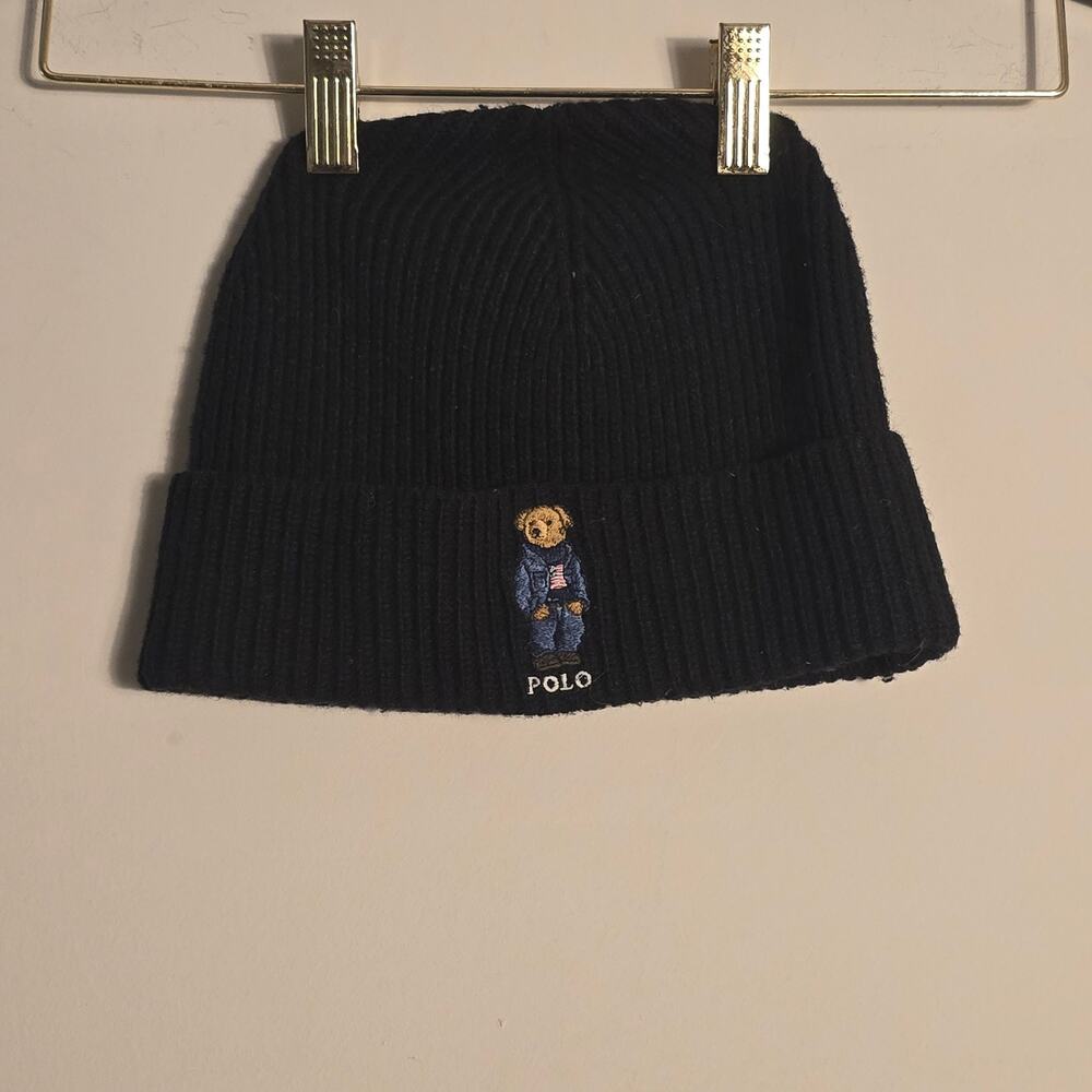Polo Ralph Lauren Black Knitted Hat With Teddy Pentacrest Bear Logo One Size